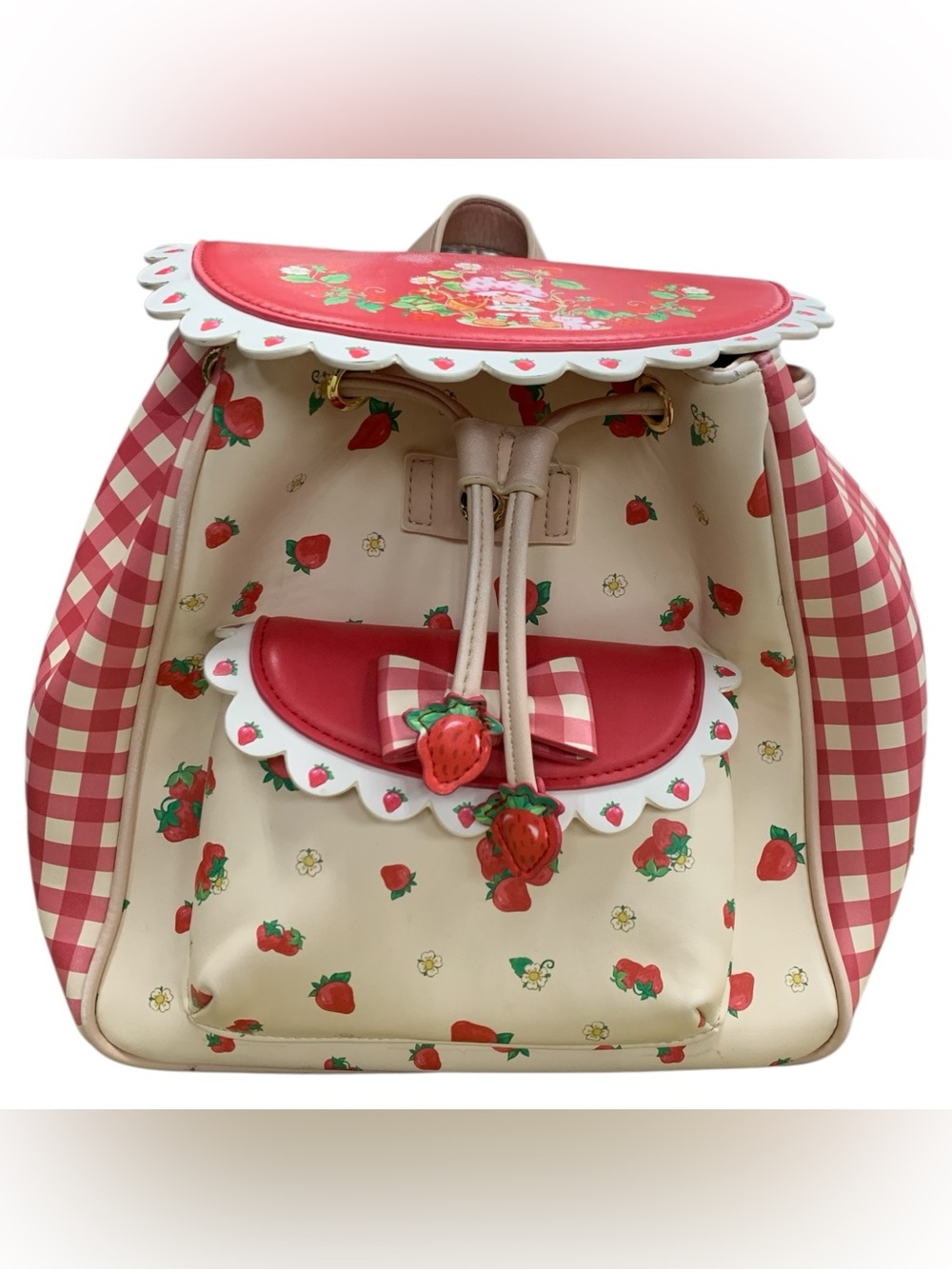 Strawberry Print Gingham Backpack - Red & Cream